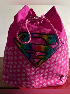 Girls' Supergirl Pink Drawstring Backpack with Rainbow Shield